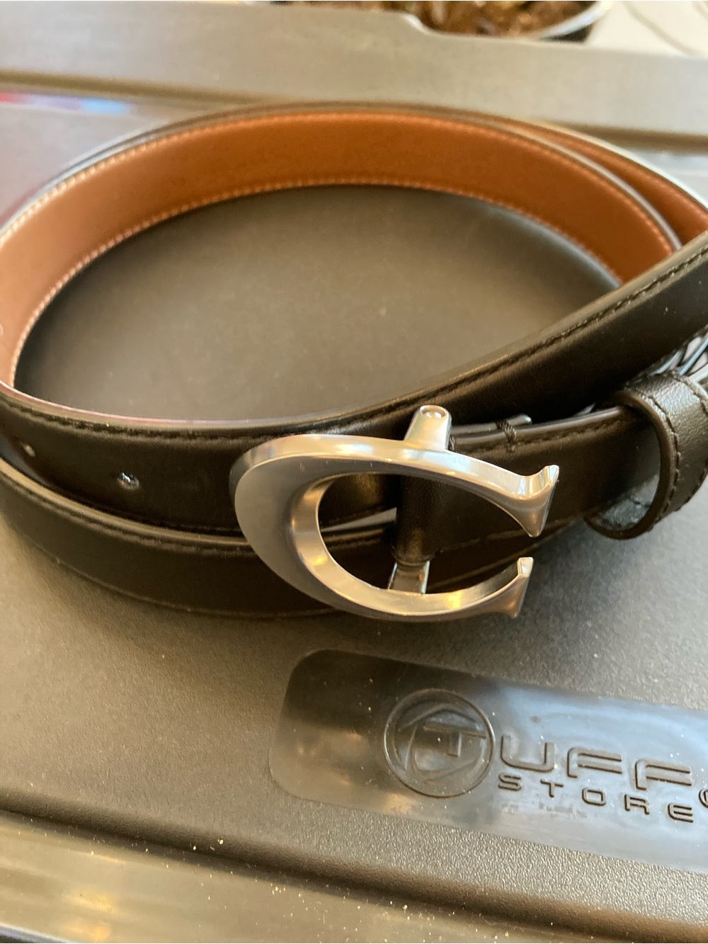 Coach Black and Brown Reversible Leather Belt with Silver 'C' Buckle